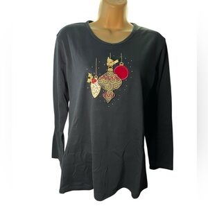 Christmas Needy Me Long Sleeve Top Metallic Ornament Graphic Black L